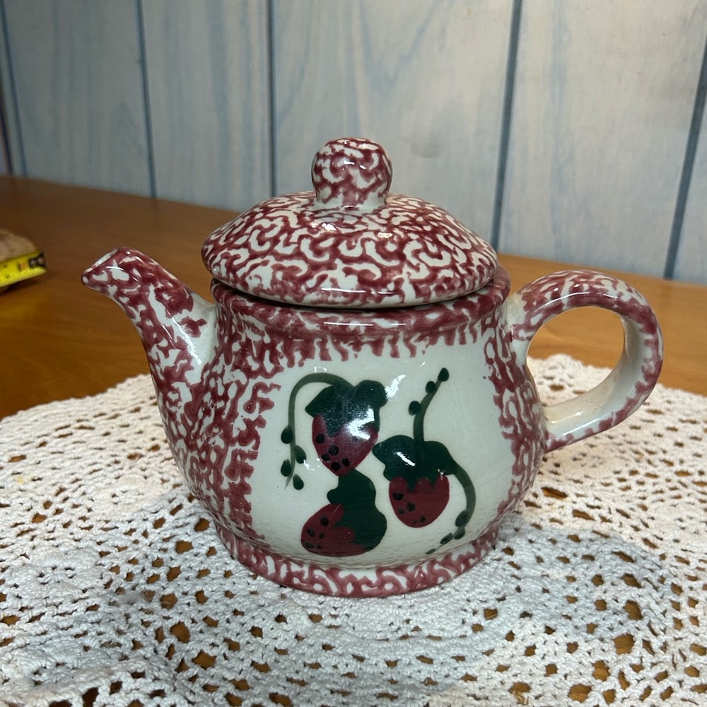 Handcrafted Ceramic Teapot with Red strawberries and Green Design